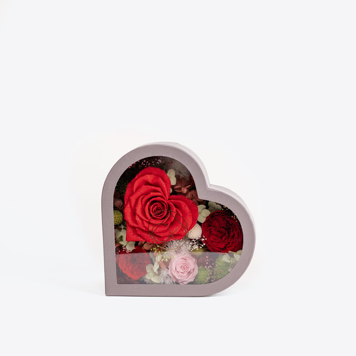 Small Gray Dried Mixed Flowers in Heart Shadow Box