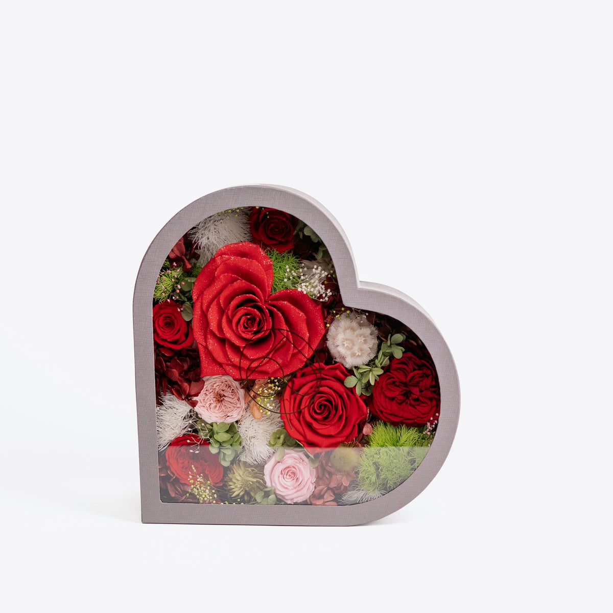 Medium Gray Dried Mixed Flowers in Heart Shadow Box