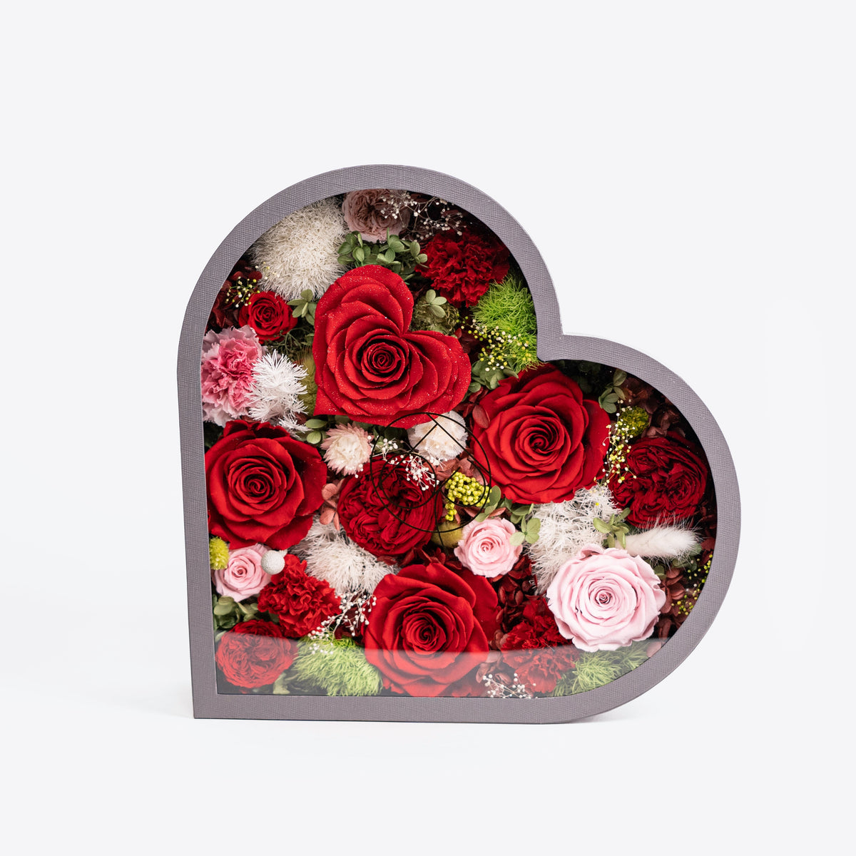 Large Gray Dried Mixed Flowers in Heart Shadow Box