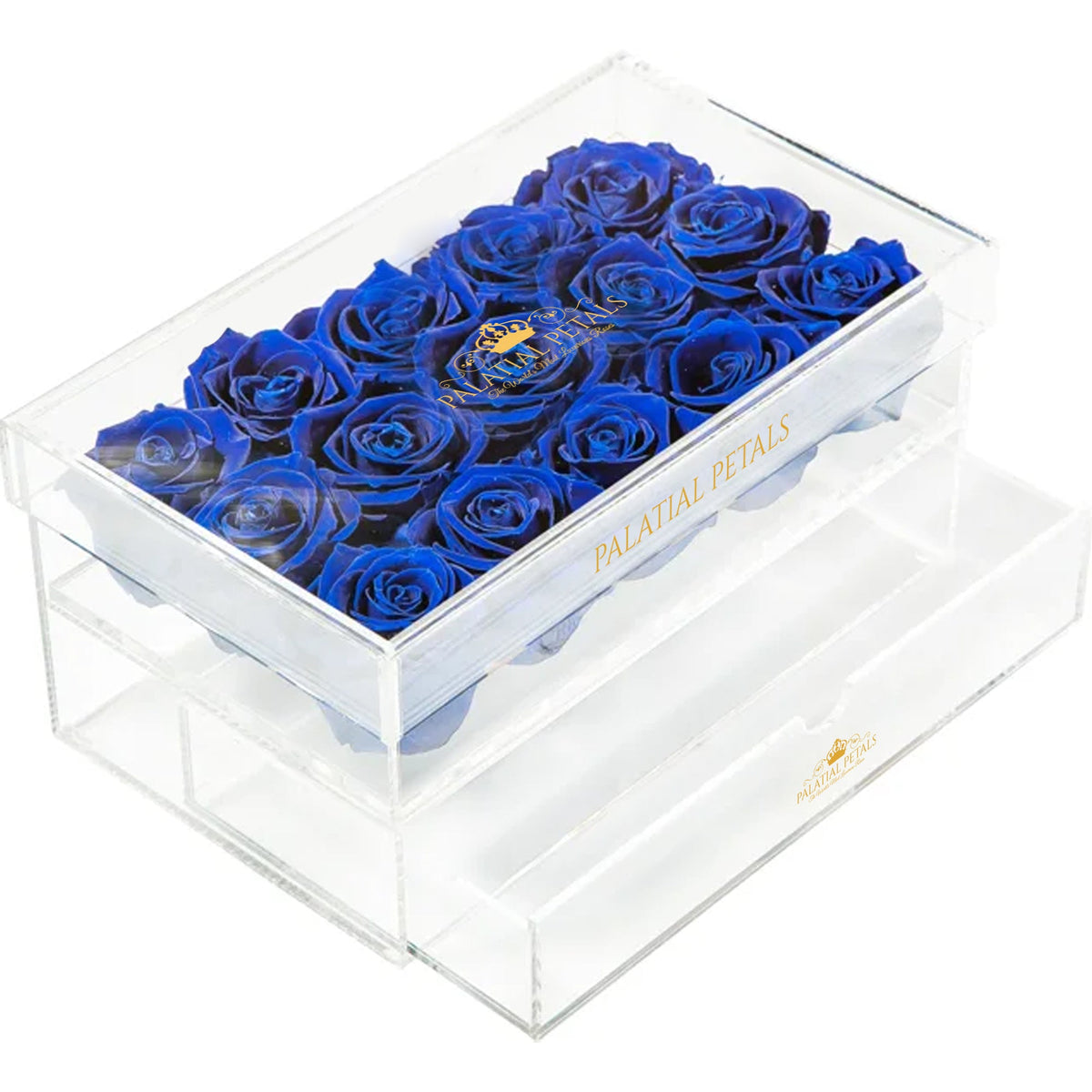 Blue Preserved Roses in Acrylic Square Jewelry Box – Style 6