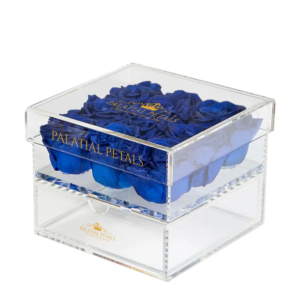 Blue Preserved Roses in Acrylic Square Jewelry Box – Style 7