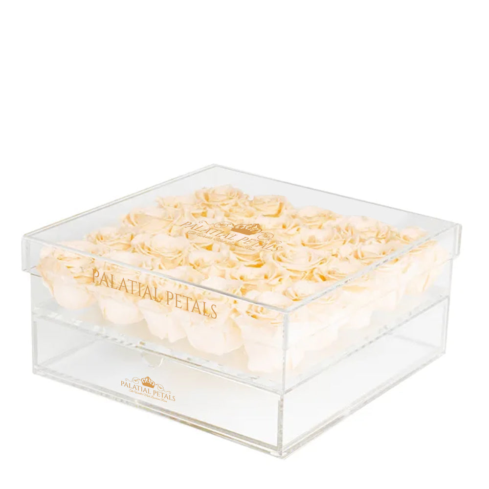 Champagne Preserved Roses in Acrylic Square Jewelry Box