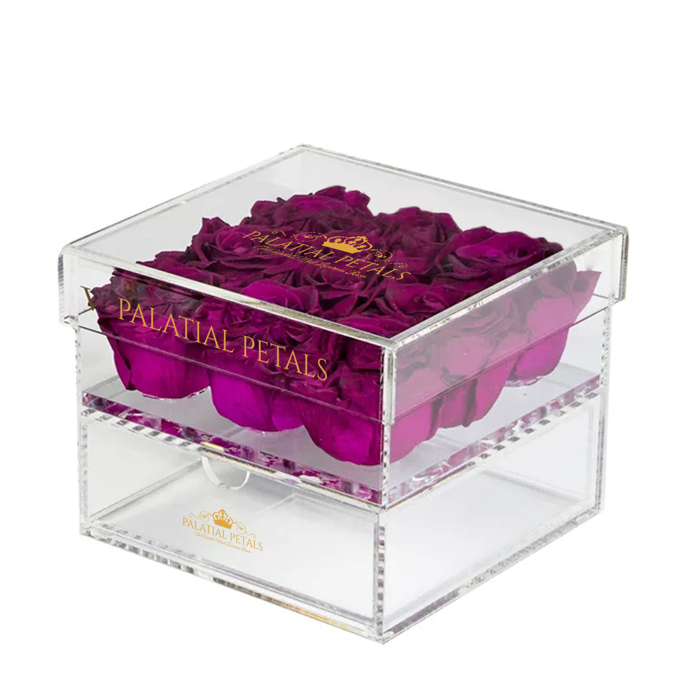 Purple Preserved Roses in Acrylic Square Jewelry Box – Style 2