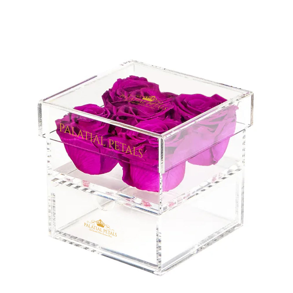 Purple Preserved Roses in Acrylic Square Jewelry Box – Style 3