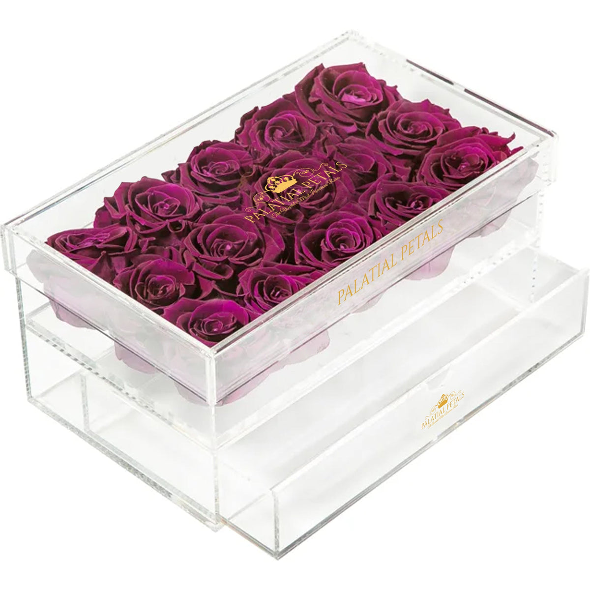 Purple Preserved Roses in Acrylic Square Jewelry Box