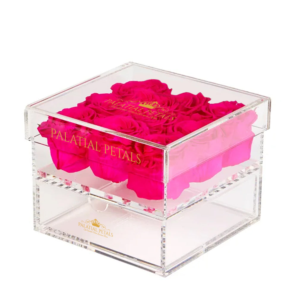 Pink Preserved Roses in Acrylic Square Jewelry Box – Style 2