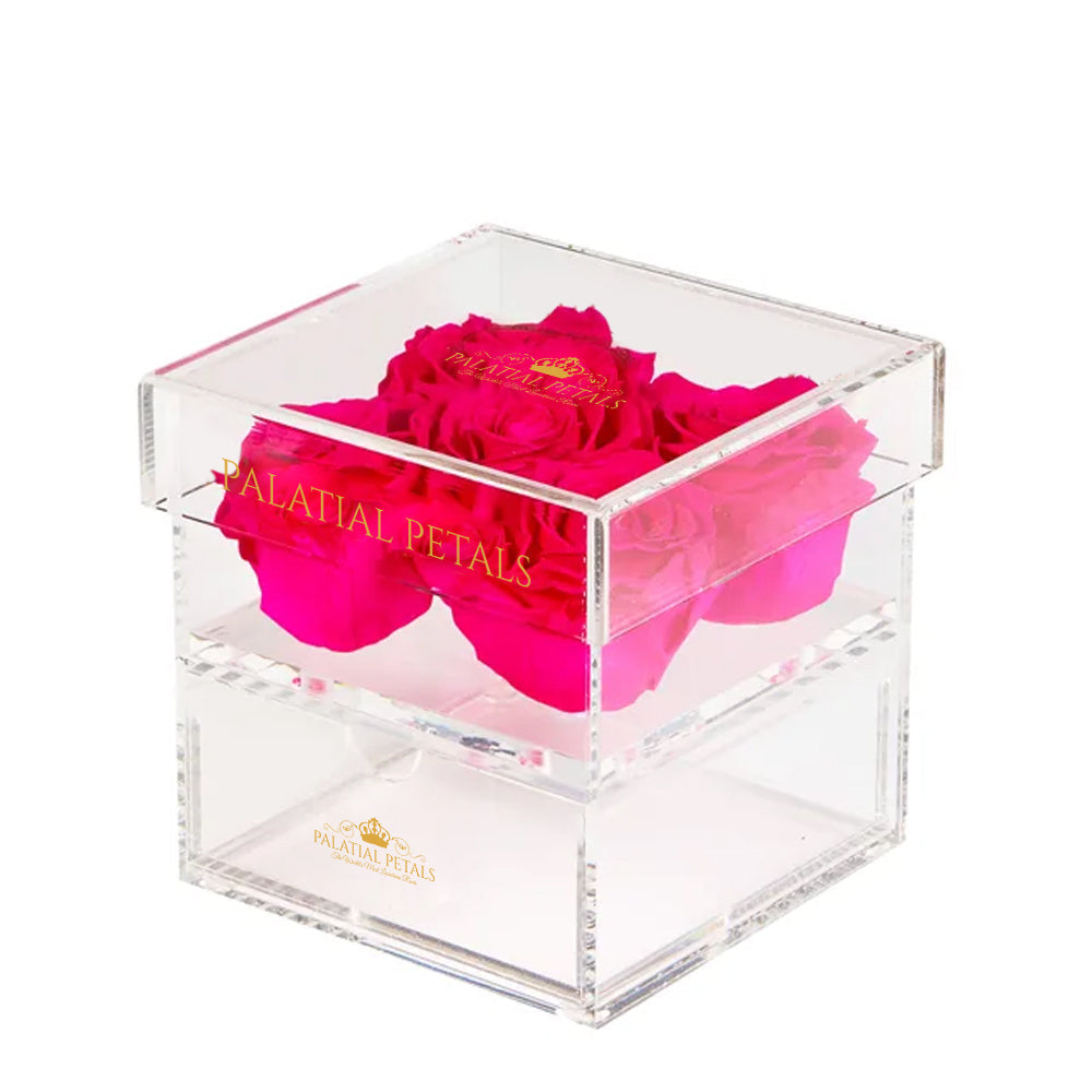 Pink Preserved Roses in Acrylic Square Jewelry Box