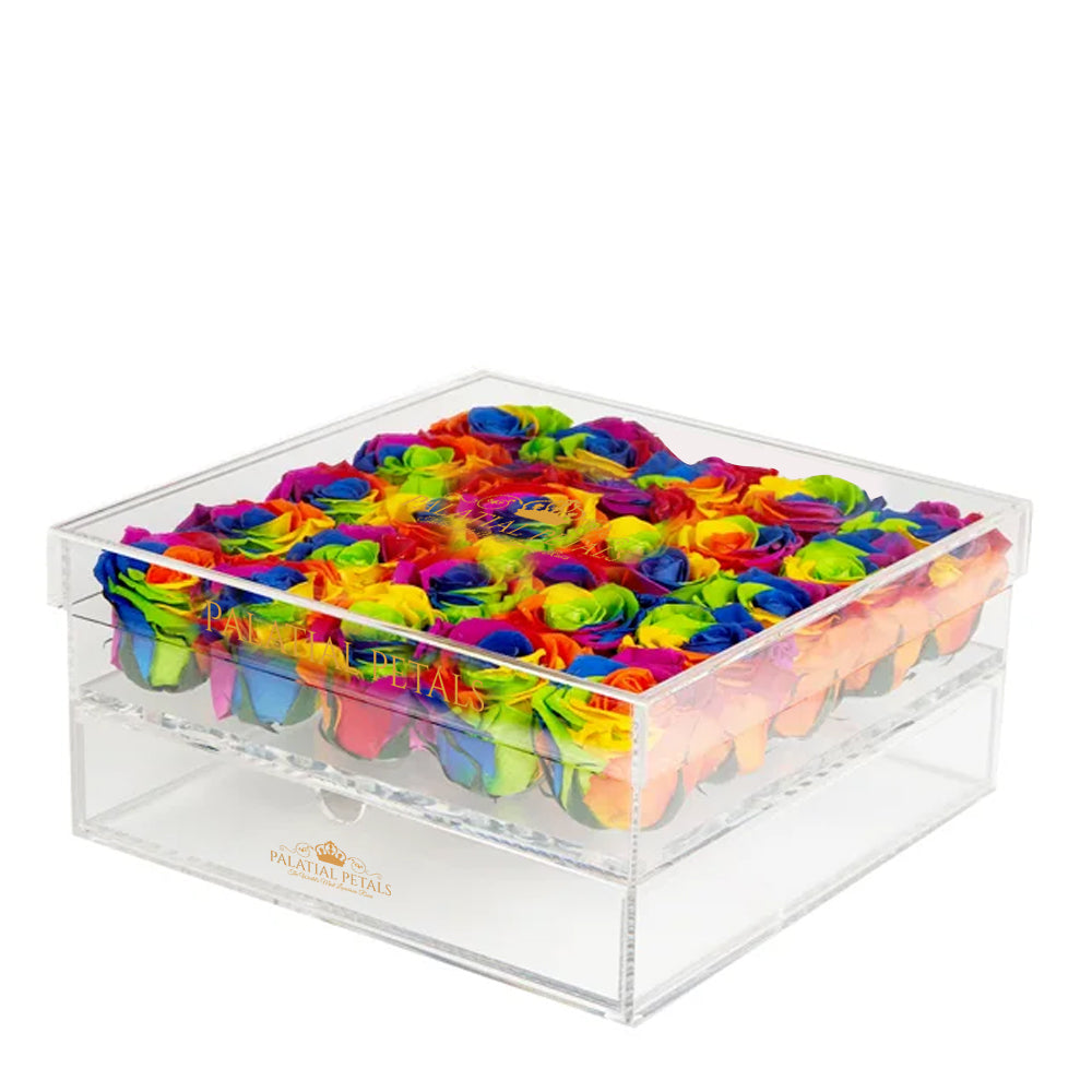 Rainbow Preserved Roses in Acrylic Square Jewelry Box