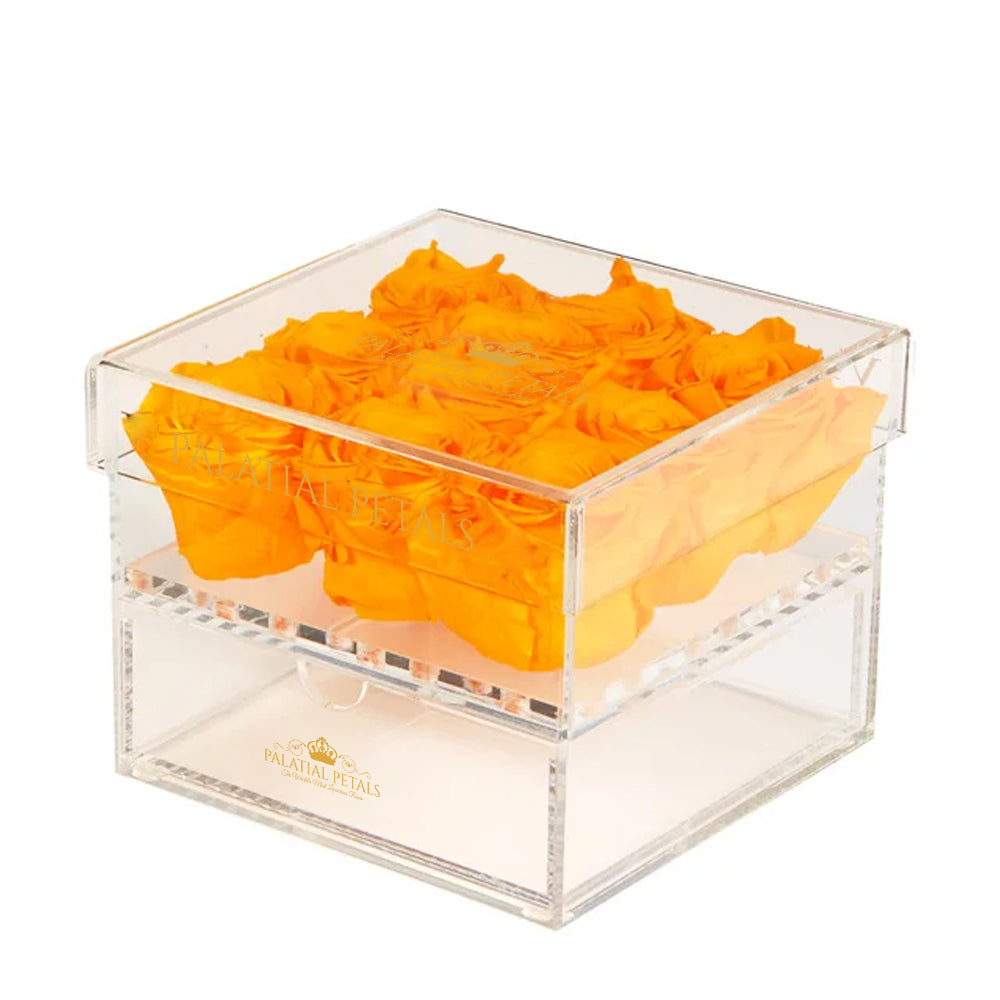 Orange Preserved Roses in Acrylic Square Jewelry Box – Style 5