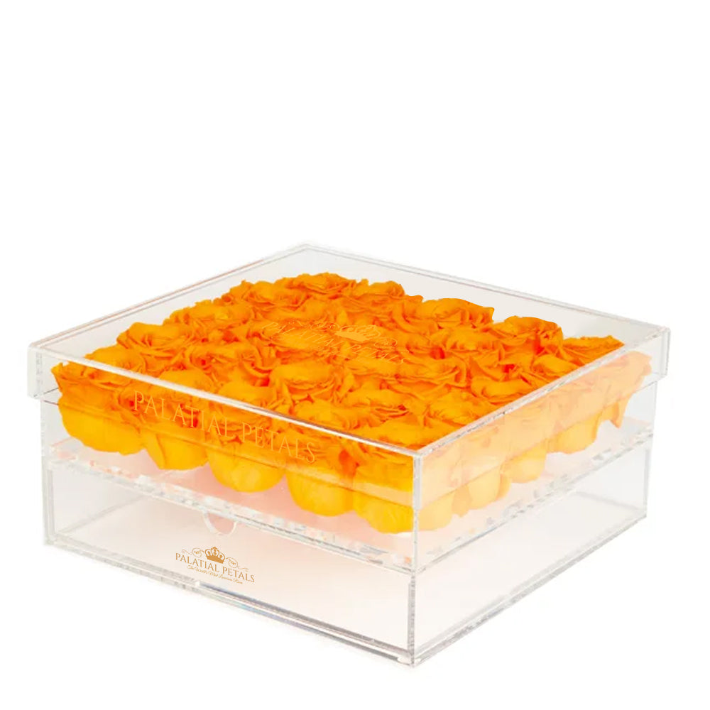 Orange Preserved Roses in Acrylic Square Jewelry Box – Style 4