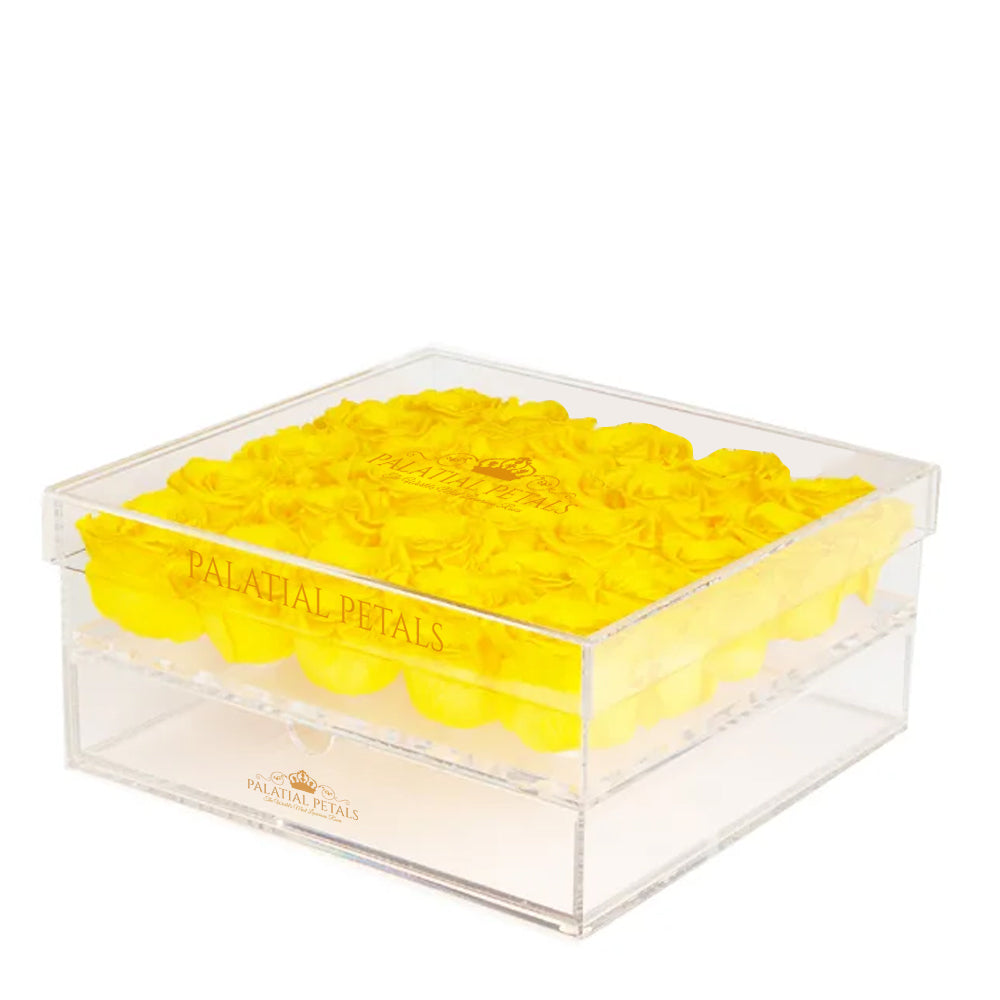 Yellow Preserved Roses in Acrylic Square Jewelry Box