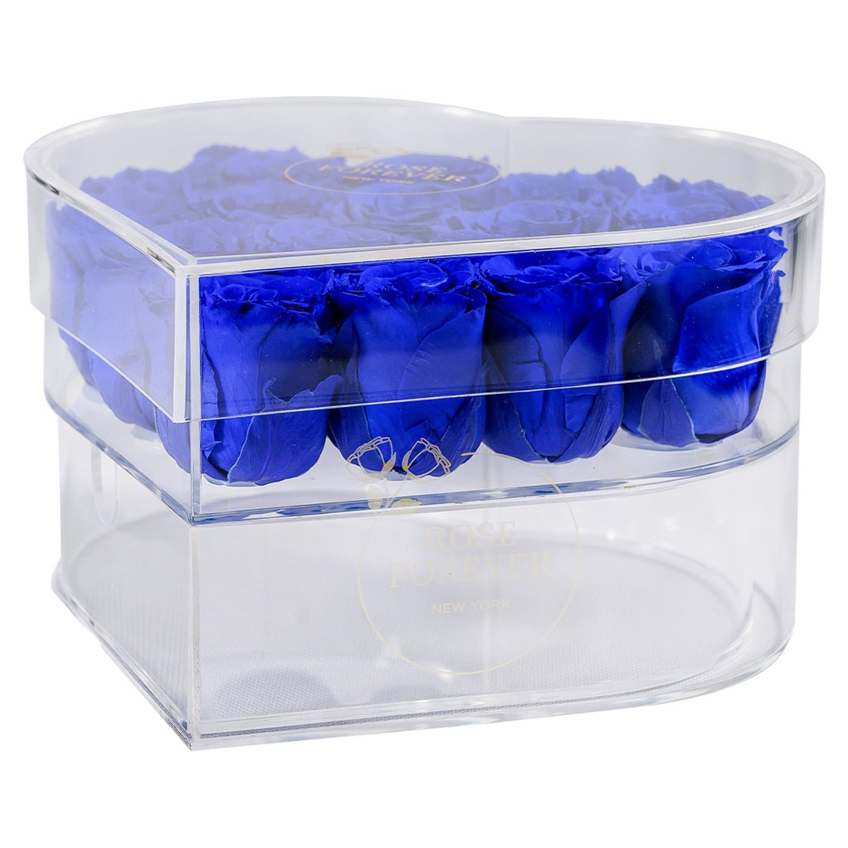 15 Blue Preserved Roses in Acrylic Heart Jewelry Box