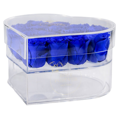 15 Blue Preserved Roses in Acrylic Heart Jewelry Box