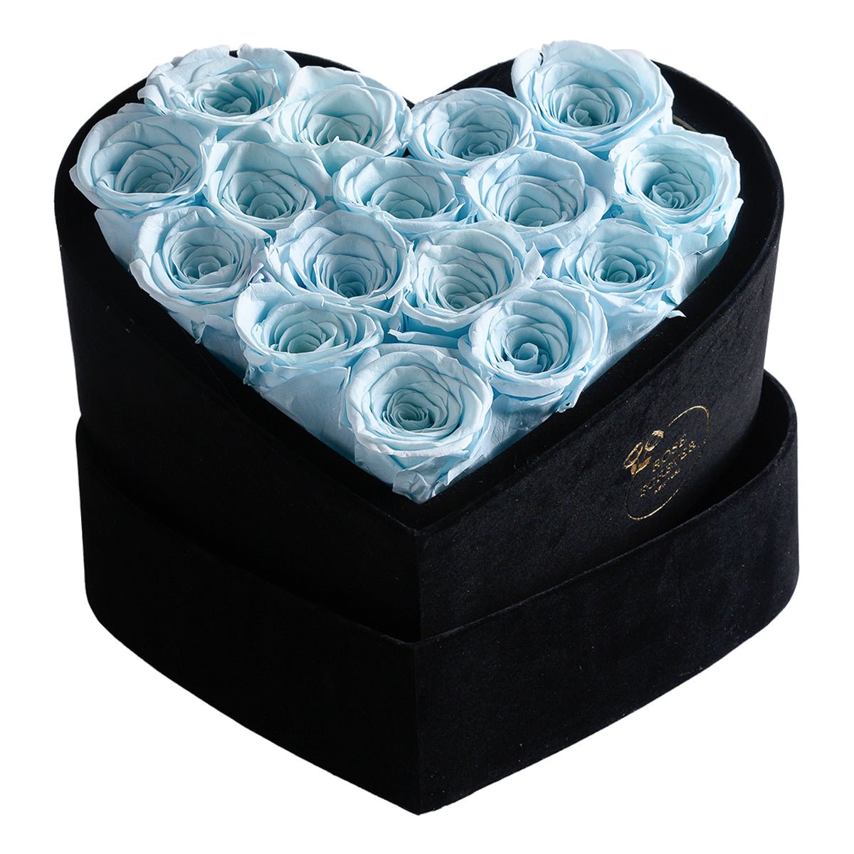 16 Blue Preserved Roses in Black Velvet Heart Gift Box