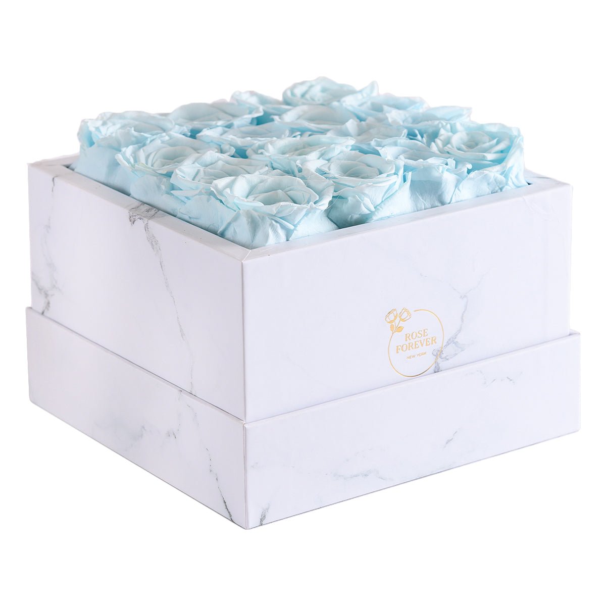 16 Blue Preserved Roses in White Marble Square Gift Box