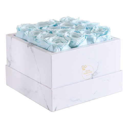 16 Blue Preserved Roses in White Marble Square Gift Box