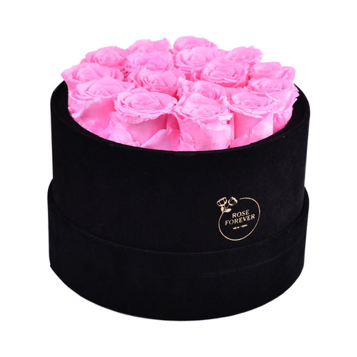 16 Fuchsia Preserved Roses in Velvet Round Gift Box
