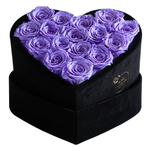16 Lavender Preserved Roses in Velvet Heart Gift Box