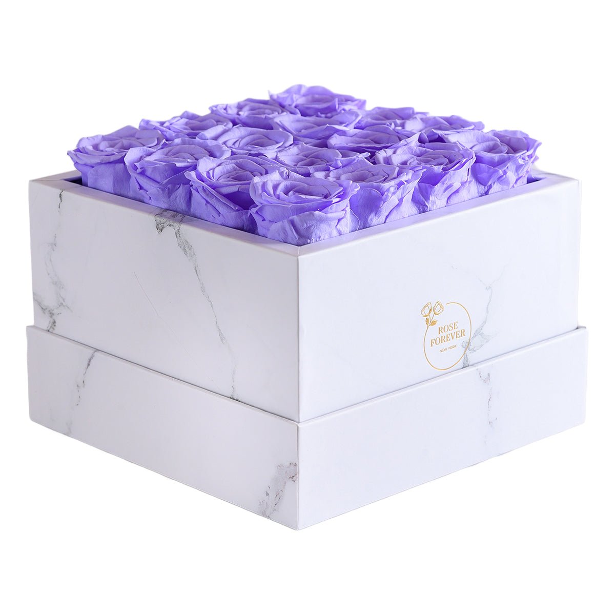 16 Lavender Preserved Roses in White Marble Square Gift Box