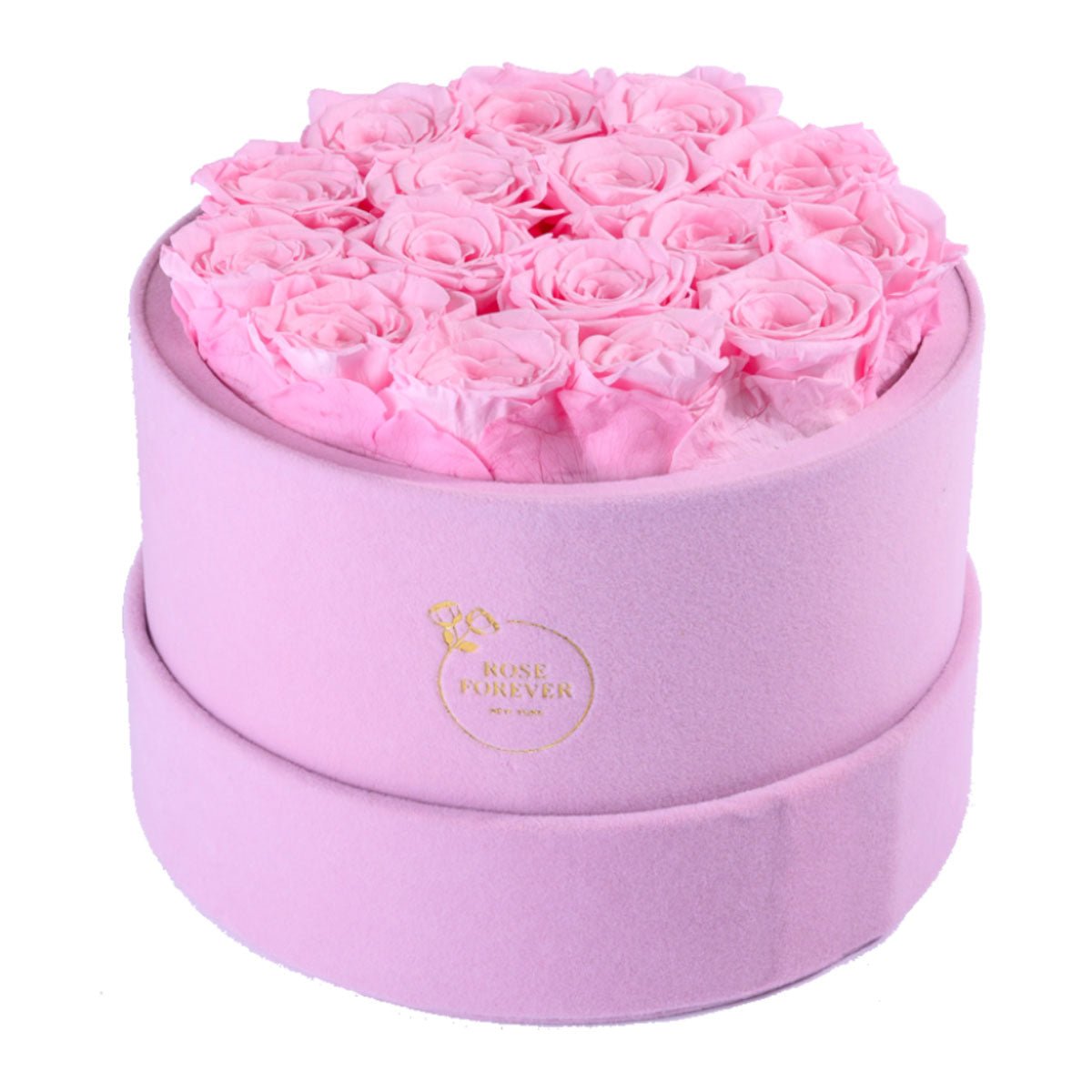 16 Pink Preserved Roses in Suede Round Gift Box