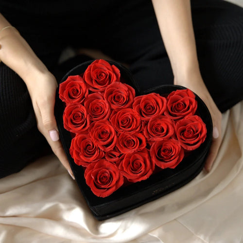 16 Red Preserved Roses in Velvet Heart Gift Box