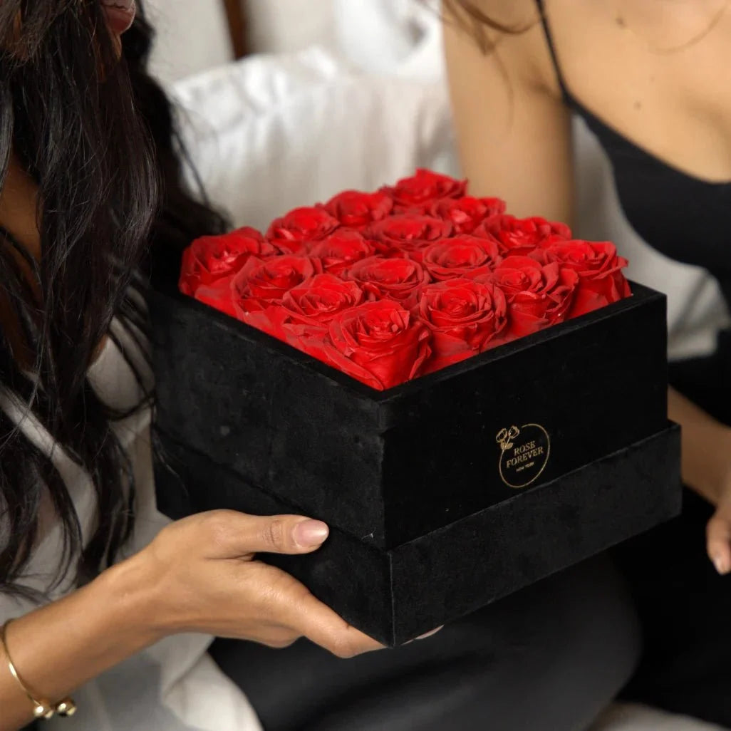 16 Red Preserved Roses in Velvet Square Gift Box