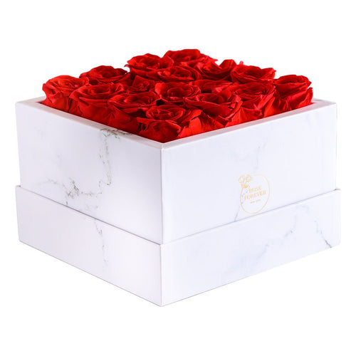 16 Red & White Preserved Roses in Marble Square Gift Box