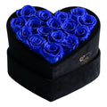 16 Royal Blue Preserved Roses in Black Velvet Heart Gift Box