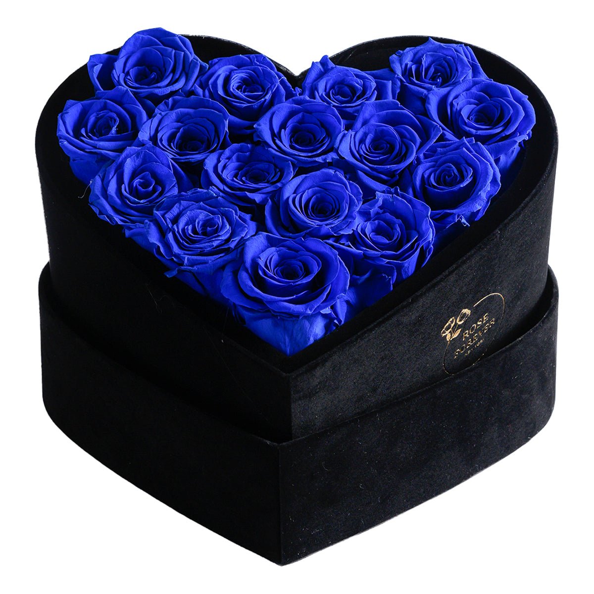 16 Royal Blue Preserved Roses in Black Velvet Heart Gift Box