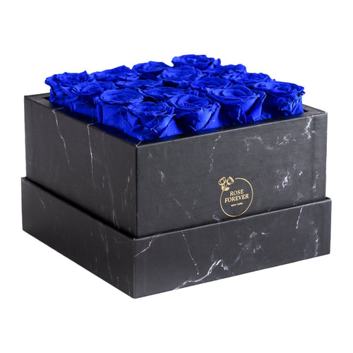 16 Blue Preserved Roses in Black Marble Square Gift Box