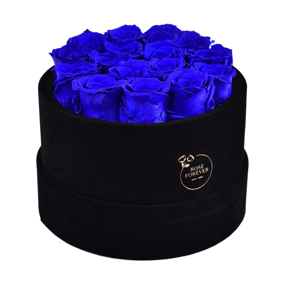 16 Blue Preserved Roses in Velvet Round Gift Box