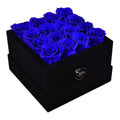 16 Royal Blue Preserved Roses in Black Velvet Square Gift Box
