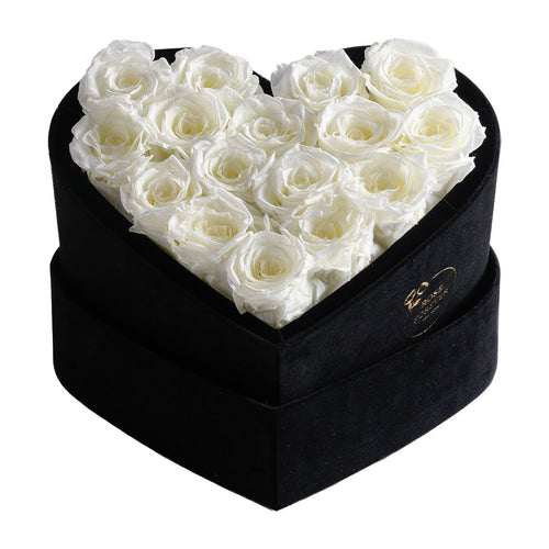 16 White Preserved Roses in Velvet Heart Gift Box