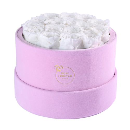 16 White Preserved Roses in Suede Round Gift Box