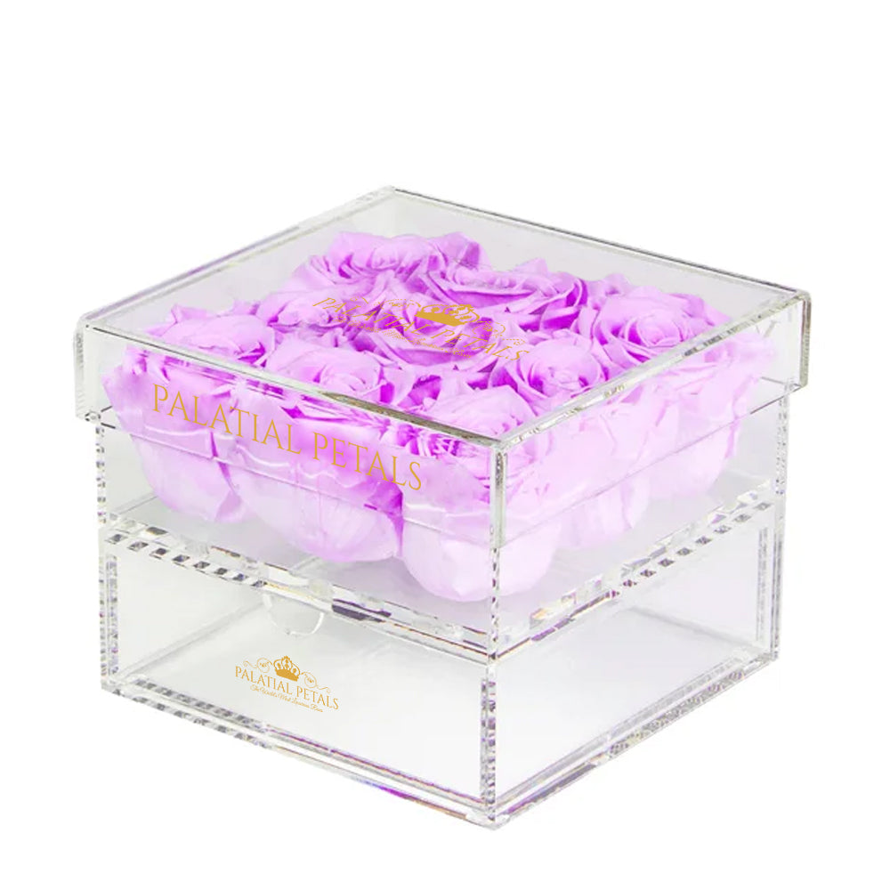 Lilac Preserved Roses in Acrylic Square Jewelry Box – Style 3
