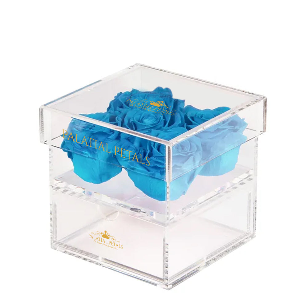 Turquoise Preserved Roses in Acrylic Square Jewelry Box – Style 4