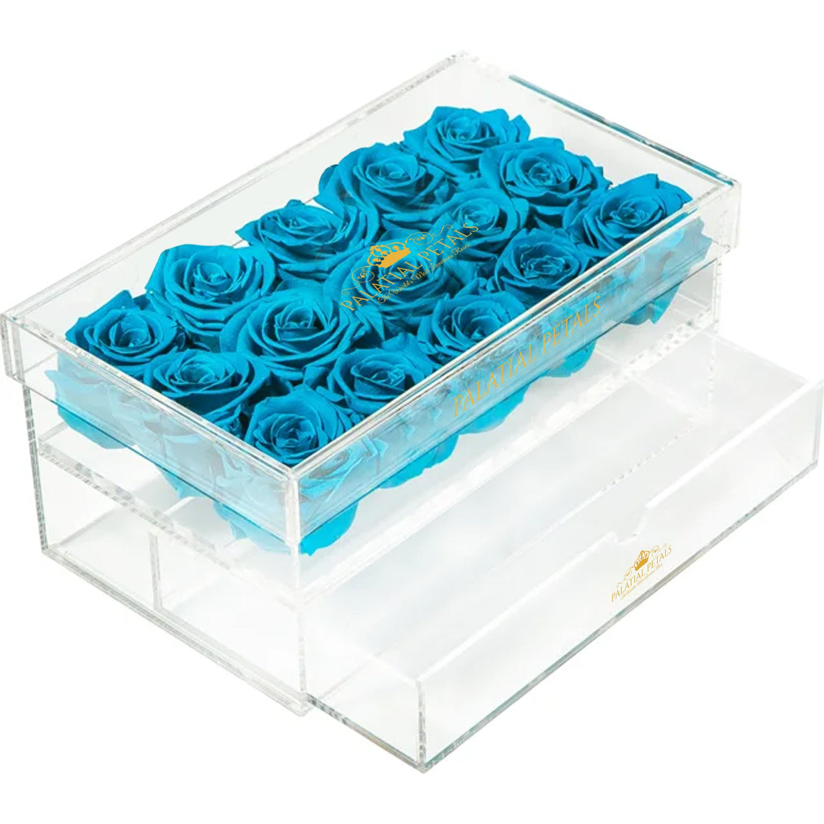 Turquoise Preserved Roses in Acrylic Square Jewelry Box – Style 2