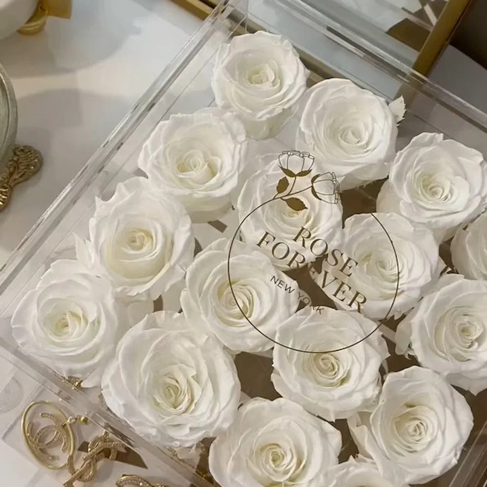16 White Preserved Roses in Acrylic Jewelry Box