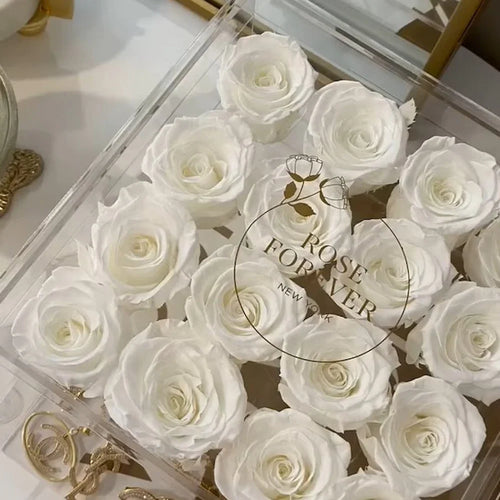 16 White Preserved Roses in Acrylic Jewelry Box