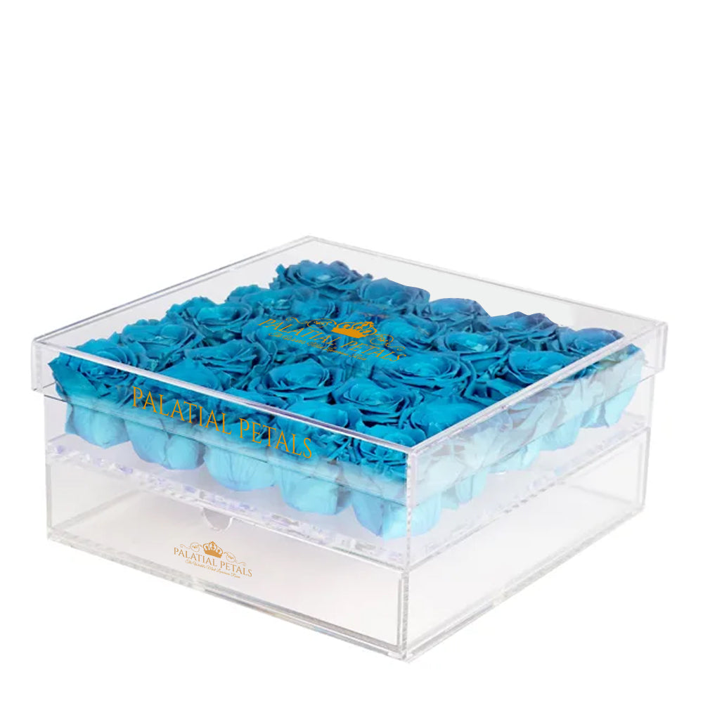 Turquoise Preserved Roses in Acrylic Square Jewelry Box