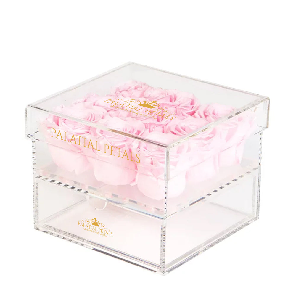 Pink Preserved Roses in Acrylic Square Jewelry Box for Wedding – Style 2