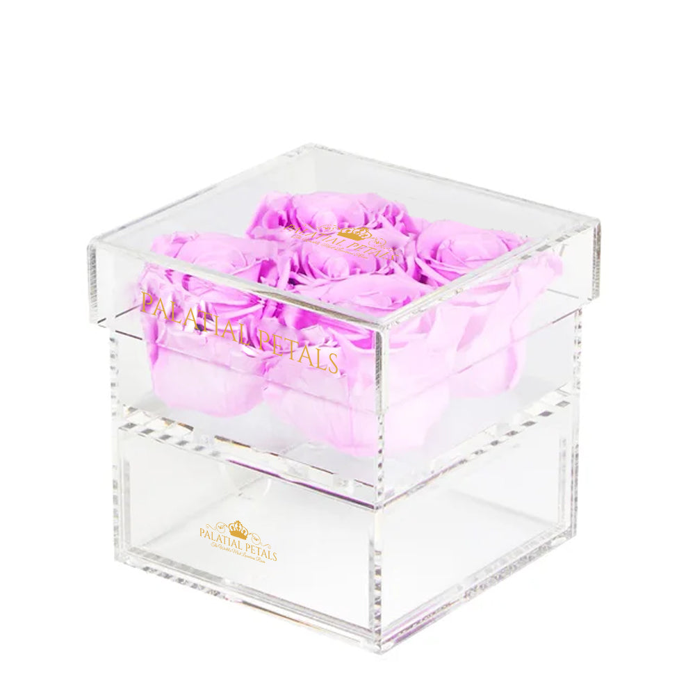 Lilac Preserved Roses in Acrylic Square Jewelry Box – Style 4