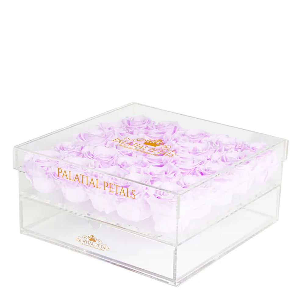 Lilac Preserved Roses in Acrylic Square Jewelry Box