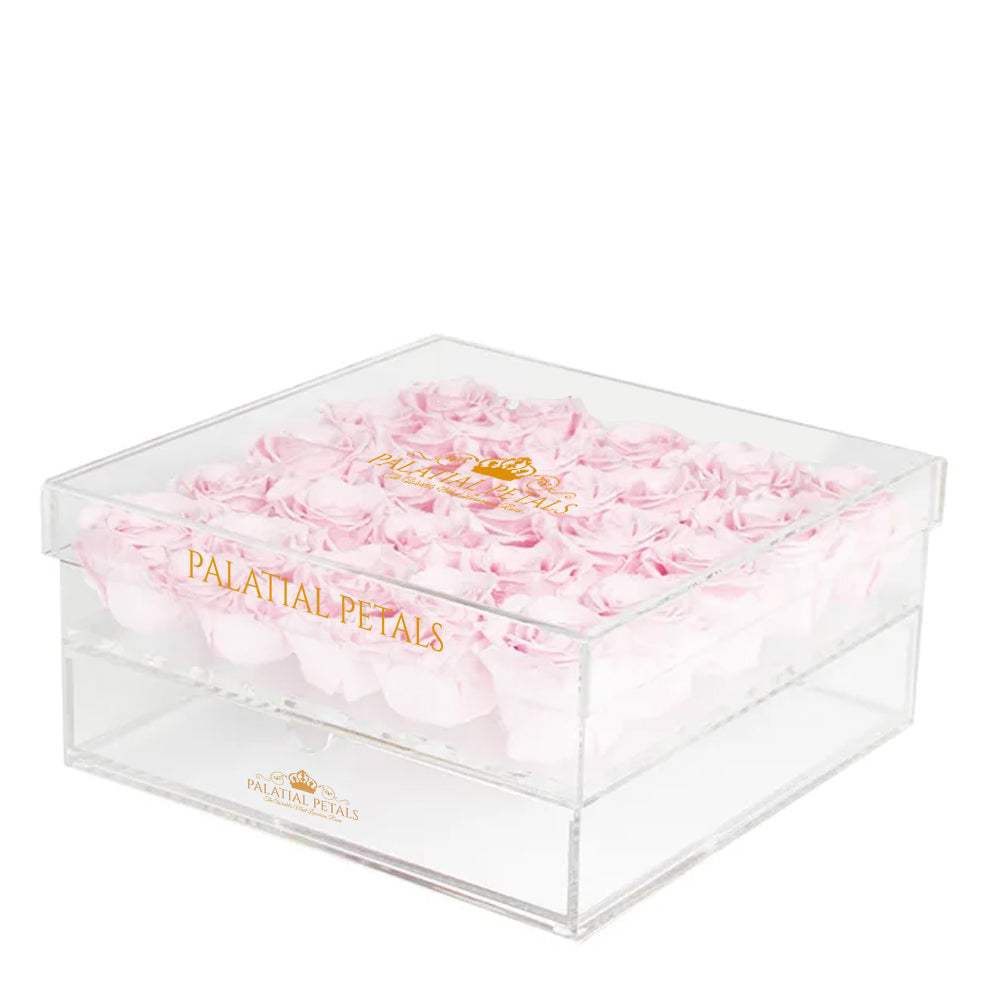 Pink Preserved Roses in Acrylic Square Jewelry Box for Wedding – Style 3