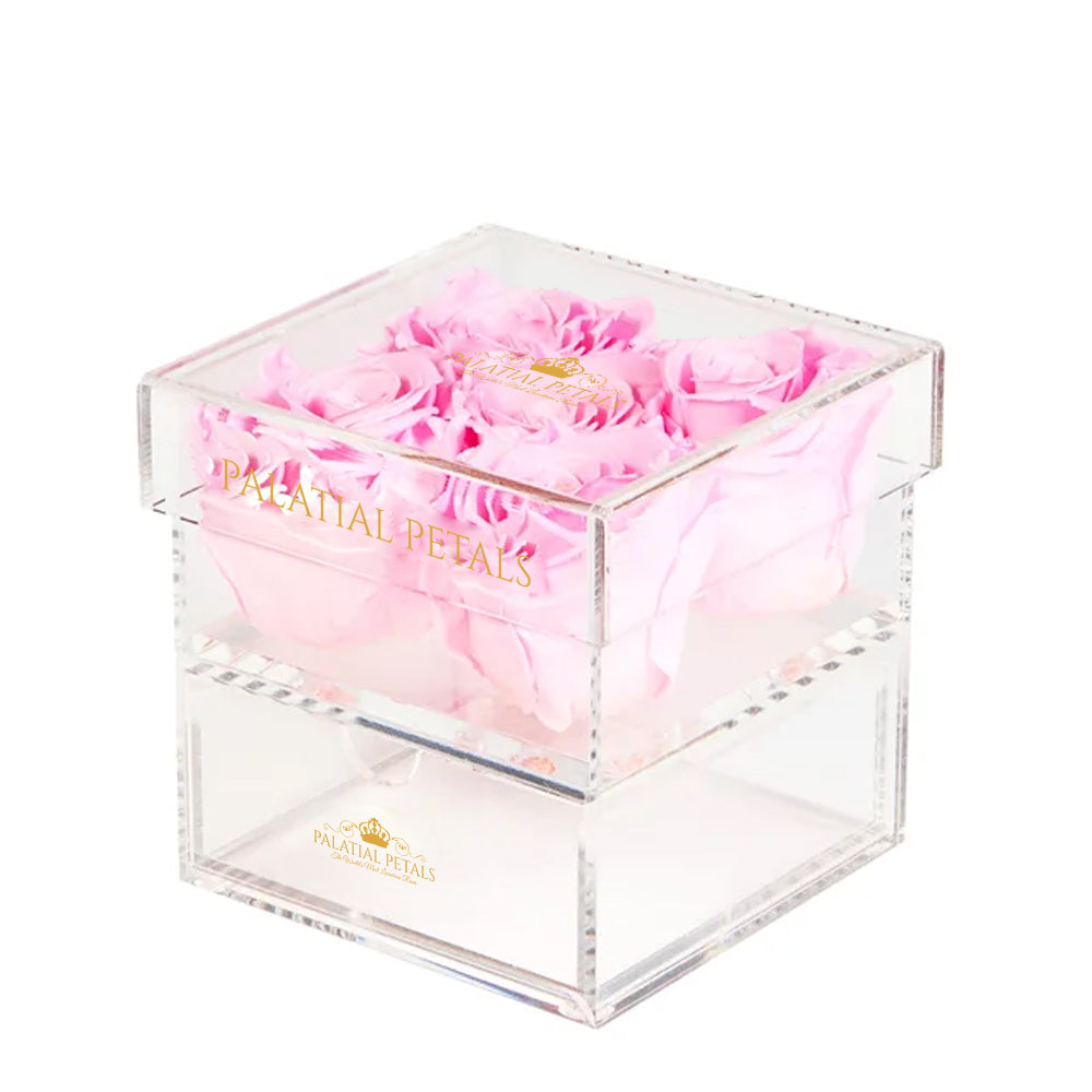 Pink Preserved Roses in Acrylic Square Jewelry Box for Wedding