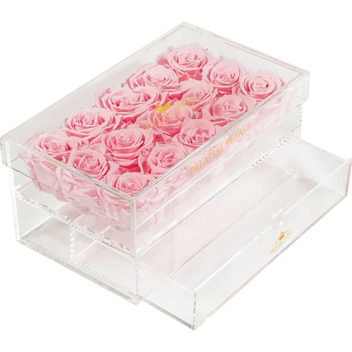 Pink Preserved Roses in Acrylic Square Jewelry Box for Wedding – Style 4