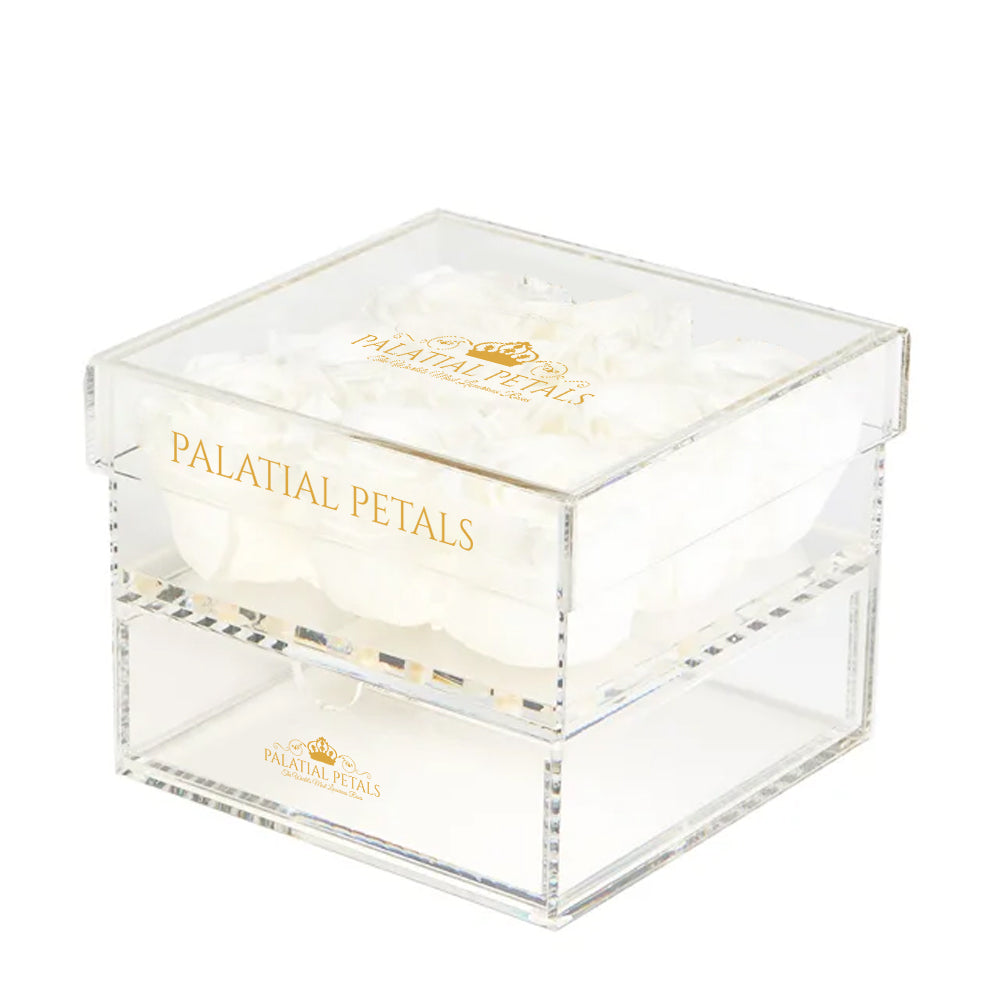 White Preserved Roses in Acrylic Square Jewelry Box – Style 3