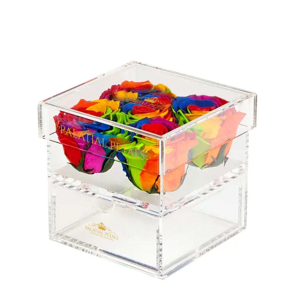Rainbow Preserved Roses in Acrylic Square Jewelry Box – Style 2