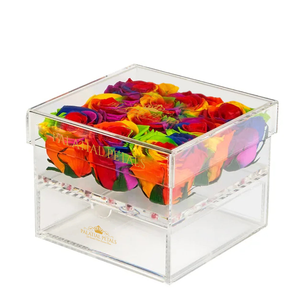 Rainbow Preserved Roses in Acrylic Square Jewelry Box – Style 3