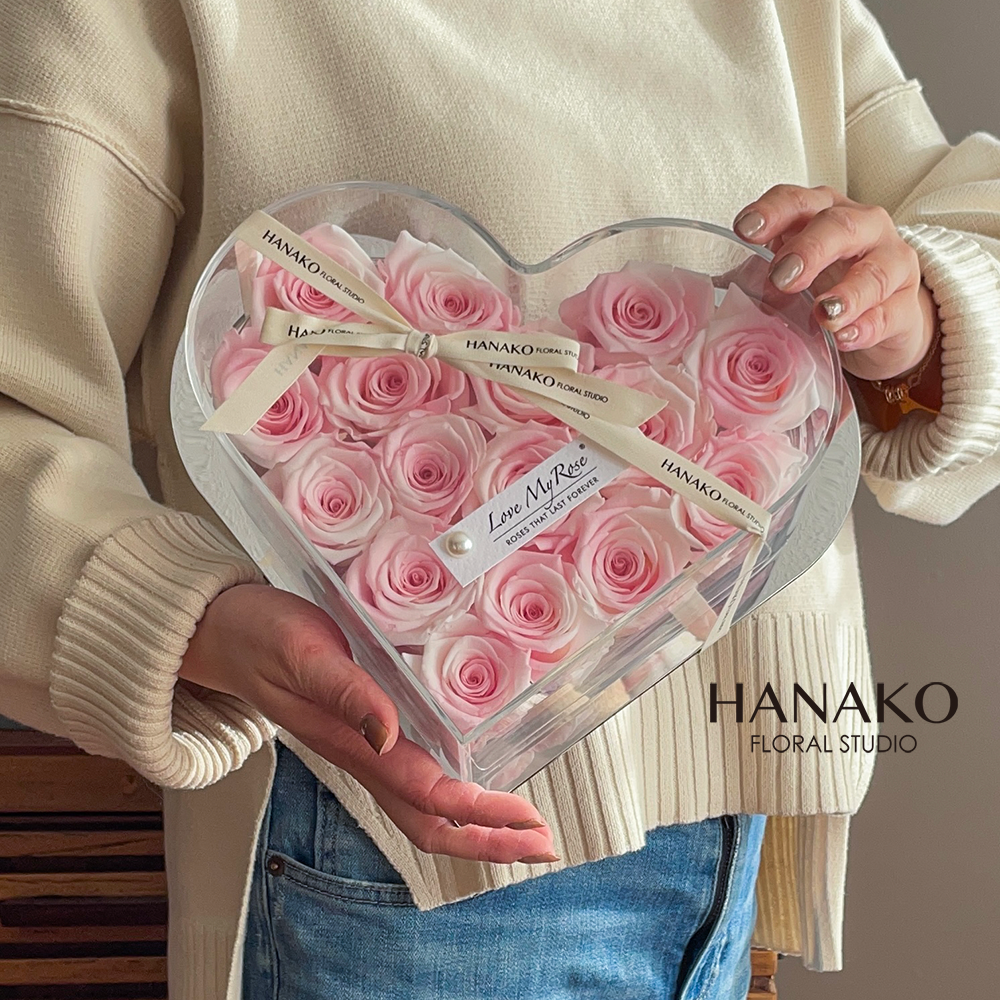 Pink Preserved Roses in Acrylic Heart Gift Box